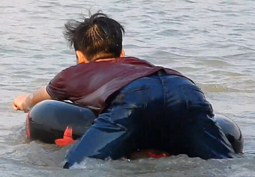 swim shirt in lake